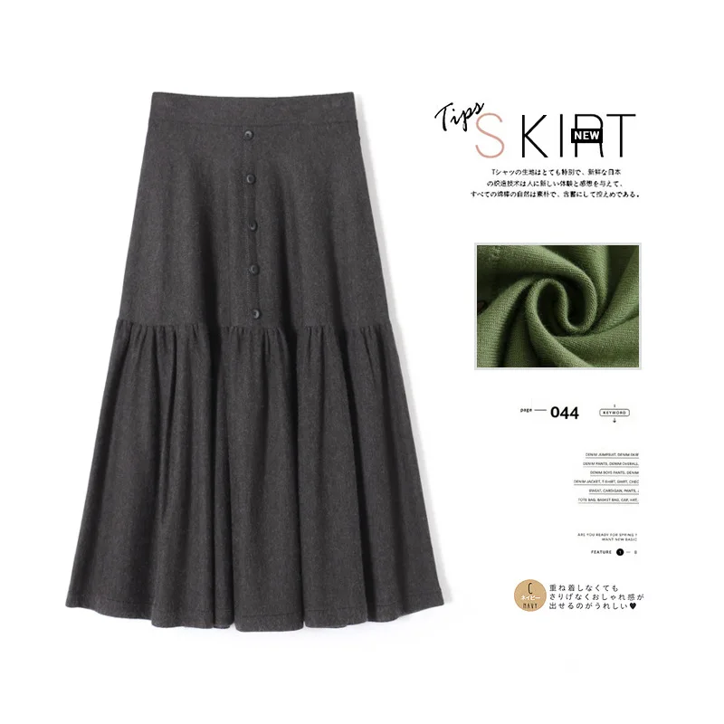 Темно-серый INNASOFAN Knitted Skirt Women Autumn Winter Long Skirt High Waist Fashion High-end Chic A-Line Skirt Solid Color Buttons - Цвет: Темно-серый