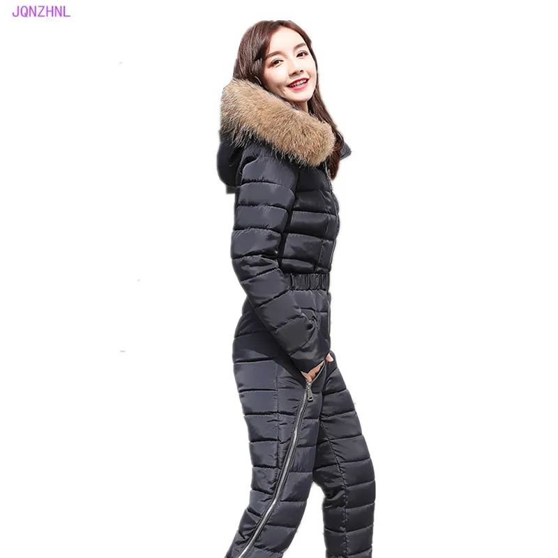 Winter new down cotton pad women fashion women two-piece cotton Raccoon Fur collar hooded thick warm jumpsuit women G1156