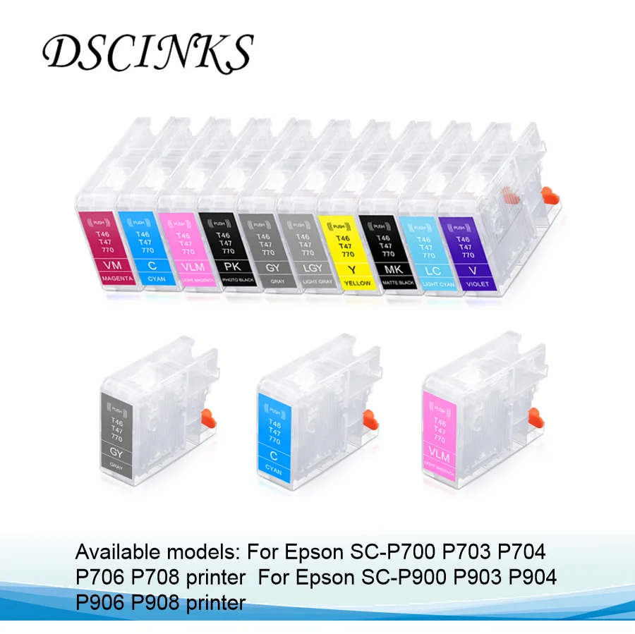 Recarga o Cartucho de Tinta sem Chip Apto para Epson Sc-p700 P700 P900 P708 P908 um Conjunto 10 Peças