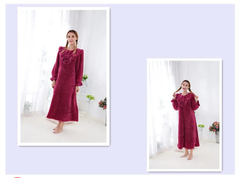 21019 женская осенняя и зимняя Толстая теплая ночная рубашка женское Коралловое флисовое Длинное свободное милое корейское платье принцессы для сна