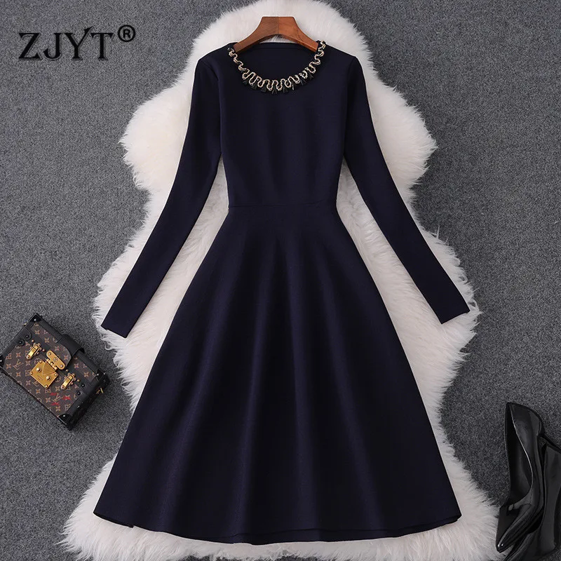 

Woman Fashion New Autumn Winter Dress Long Sleeve Diamonds Beading O Neck Solid Aline Knitwear Casual Sweater Dresses Female