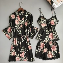 Летние женские шорты из 3 частей на бретельках с нагрудным подкладом и принтом, ночная рубашка с шелковым поясом, сексуальные Свободные повседневные пижамы, женское платье для сна