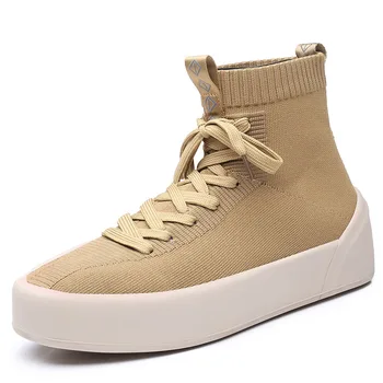 

Flying Weaving Men's Shoes Autumn Winter Korean Fashion Board Shoes Male Elastic High-top Plush Socks Shoes Warm Male Sneakers