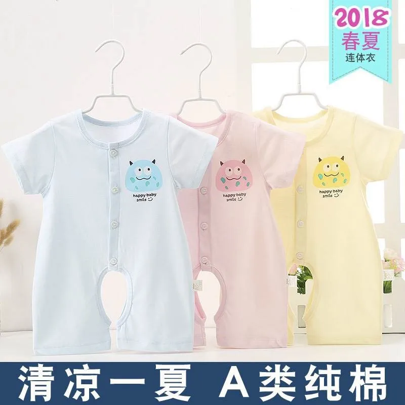 

Baby Rompers Summer Short-sleeved Pure Cotton Open Crotch Thin 0-1-Year-Old Infant Half Sleeve Onesie Cardigan Pajamas Men And W