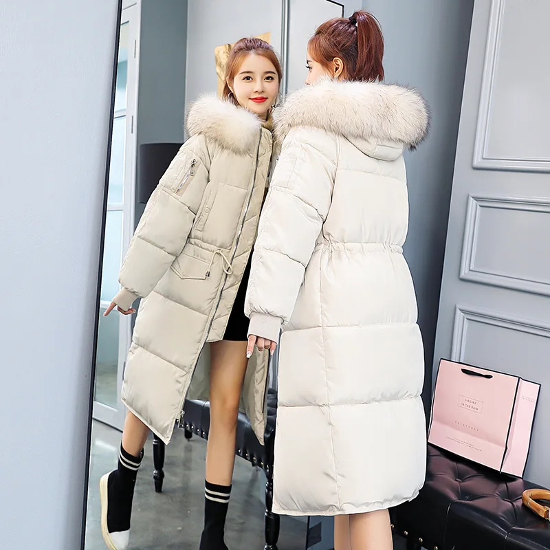 

Europe And America Ultra-Large Size Hooded Cotton Coat Women's Drawstring Waist Hugging Slimming Thread Sleeve Mid-length down F