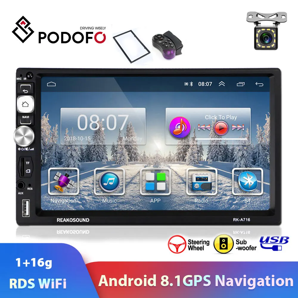 Podofo 2din автомобильный мультимедийный плеер Andriod 8,1 gps Bluetooth Навигация Аудио Стерео Wifi RDS для Volkswagen golf toyota kia Универсальный