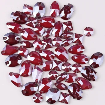 

Jelly candy Dark red 9 shapes mix 50pcs/p glass crystal flat back with two holes Sew on rhinestone garment shoes bag diy