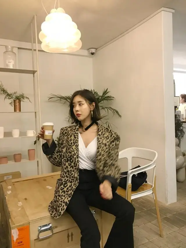Южная Корея Dongdaemun Leopord шаблон Элегантный Приталенный крутой костюм куртка мода