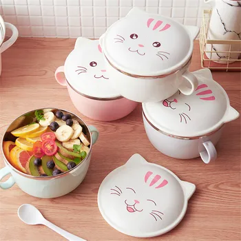 

Lucky Cat Cute Ceramic Cartoon Stainless Steel Bowl Kitchen Large Soup Noodle Rice Bowl Fruit Salad Food Container Household
