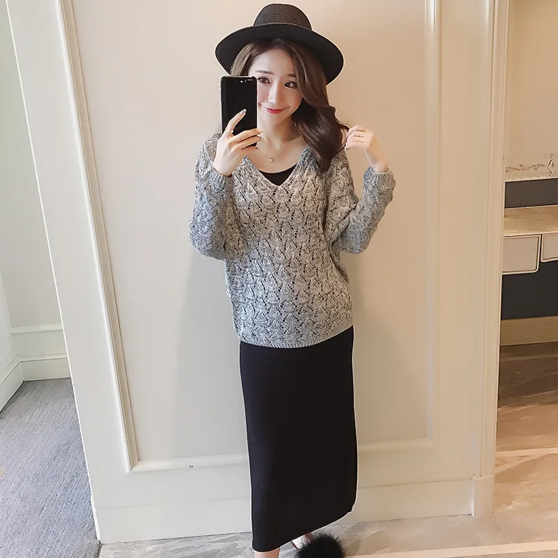 Pregnant Women Knitted Piece Dress Autumn New Style Mid-length Large Size Tops Long Skirts Two-Piece Set Fashion Mom