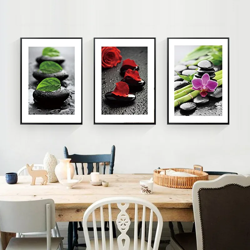 Chinese Style Fresh Green Plants Leaves Flower Calligraphy Stone Word Canvas Painting Wall Picture Poster Living Room Decoration | Дом и сад