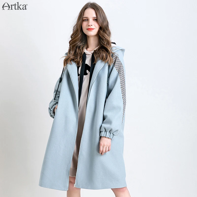 

ARTKA 2019 Winter New Women Woolen Coat Fashion Casual Plaid Spliced Hooded Woolen Coat Long Warm Outwear For Women WA15291D