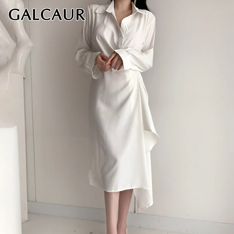 GALCAUR корейское асимметричное белое платье для женщин воротник с лацканами с длинным рукавом Высокая талия платья женские осенние модные OL новые