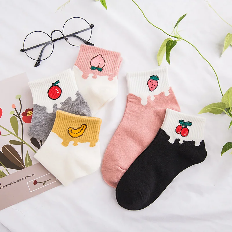 

5 Pairs/Pack Cute Socks Women Set Pack Short Socks Korean Style Fruit Kawaii Funny Happy Pink Ankle Socks Woman meias feminina