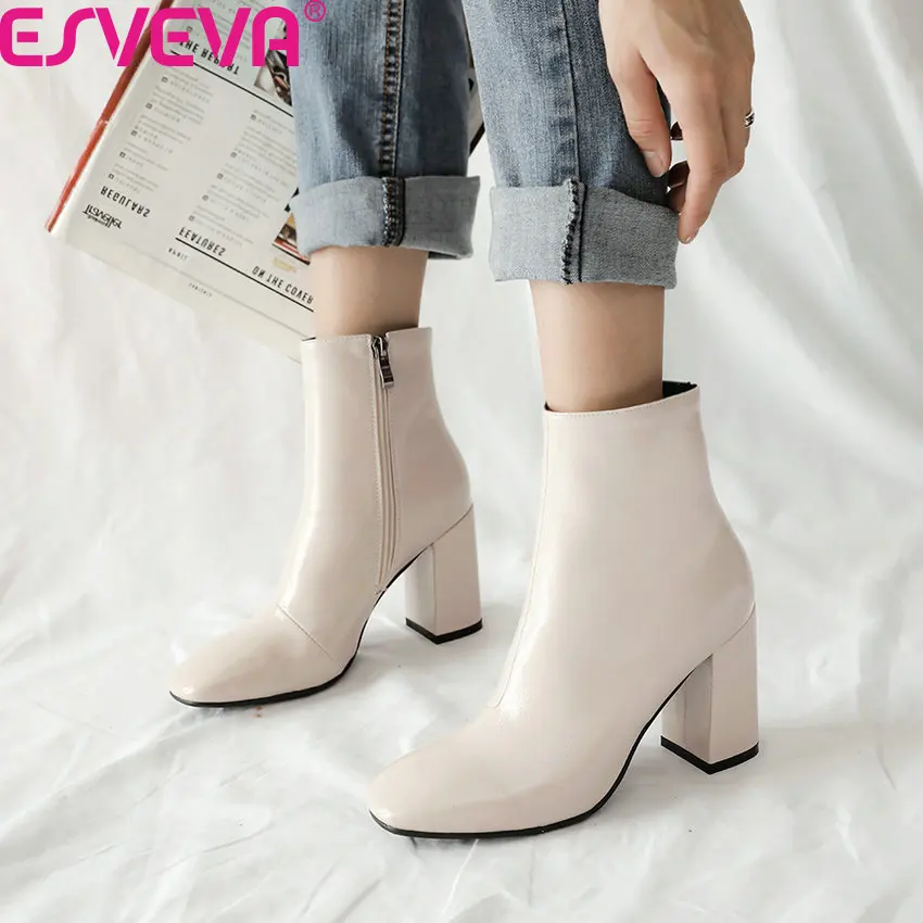 

ESVEVA 2020 PU Leather Concise Autumn Winter Women Shoes Retro Square Toe Square Heel Zipper All Match Ankle Boots Size 34-43