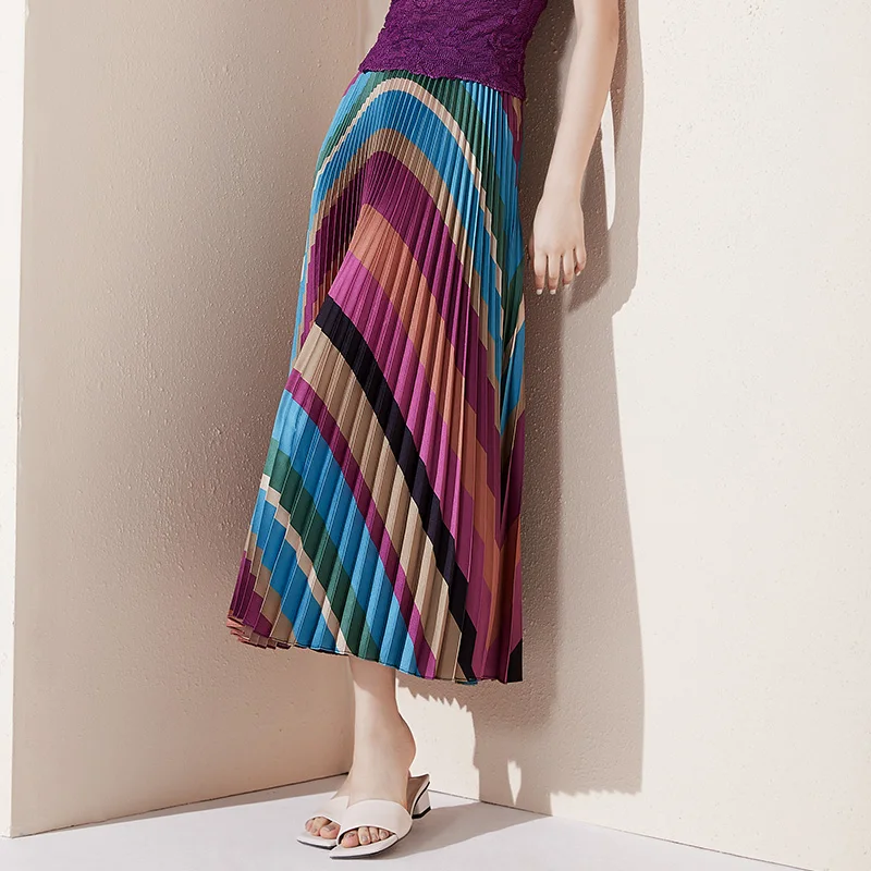 Длинная стильная плиссированная юбка г. Новая летняя стильная облегающая юбка в полоску с высокой талией и эластичной резинкой Wild Joker Женская юбка средней длины