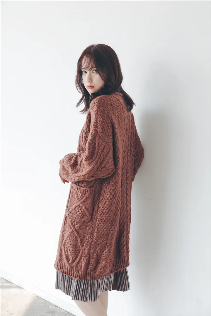 Корейский Ulzzang осень зима для женщин утепленная верхняя одежда негабаритных повседневное свободные карманы длинный свитер Винтаж теплый элегантный кардиган