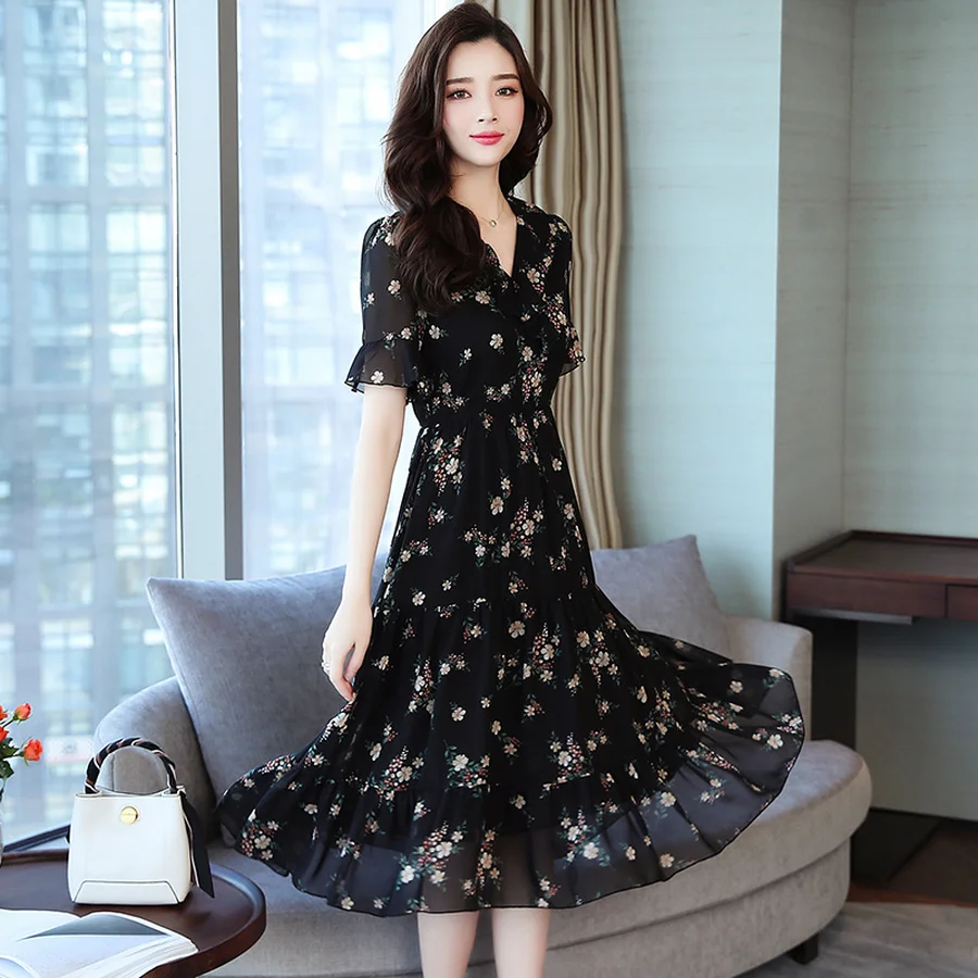 Летние женские черные винтажные цветочные шифон пляжный ветер корейское среднее длинное платье Элегантные женские S-5XL большого размера сексуальное богемное сексуальное платье с коротким рукавом взлетно-посадочно
