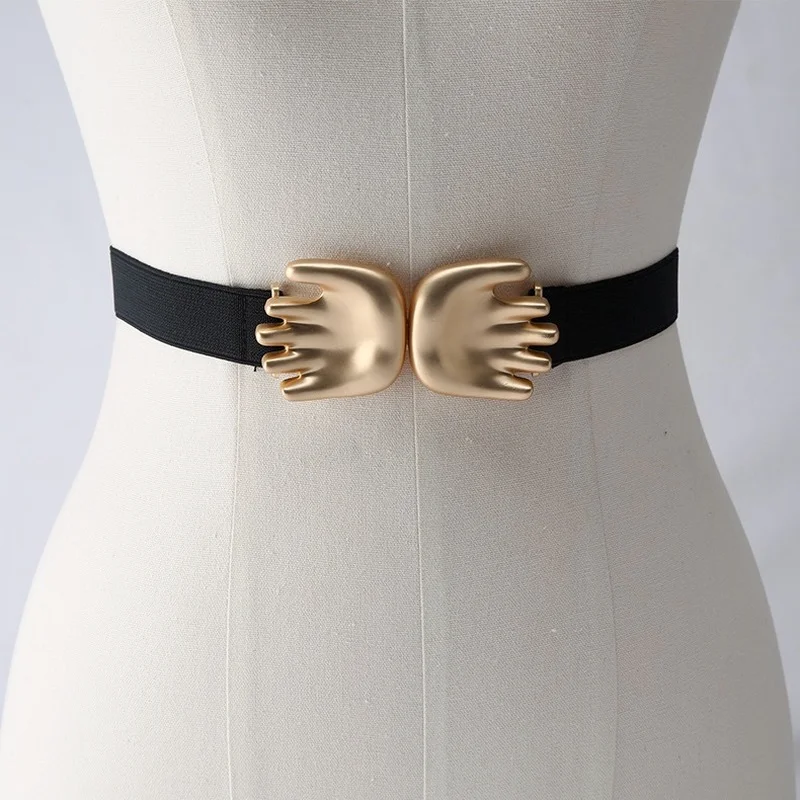 

Designer's New Alloy Buckle Black Fashion Elastic Women's Belt French Wind Suit Girdle Decorative Finger Buckle Shirt Girdle