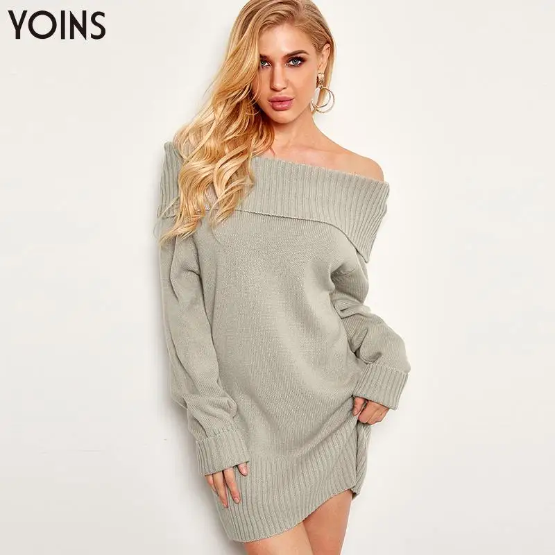 YOINS 2020 Autumn Winter Womens Dress Sweater Off The Shoulder Long Sleeves Mini Length Loose Casual Sexy Streetwear Grey | Женская