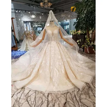 شراءBGW HT43023 مادة فاخرة فستان الزفاف مع الحجاب الزفاف عالية الرقبة قبعة الأكمام لامعة اليدوية فستان العروس ثوب الزفاف الموضة