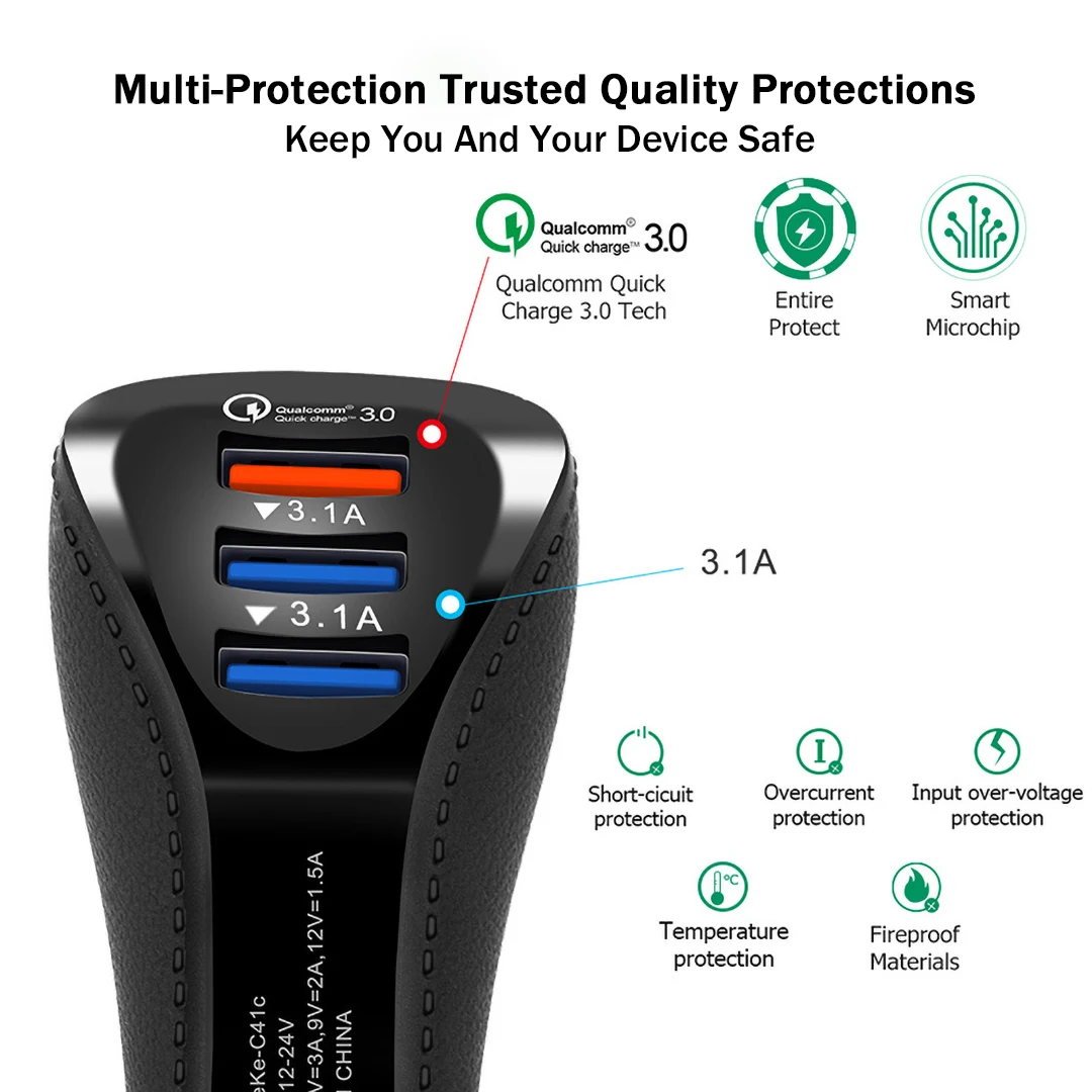 QC 3,0 быстрое зарядное устройство 3.1A USB двойной порт автомобильное зарядное устройство Универсальный для iphone Тип C Android смартфон планшет Зарядка адаптер в автомобиле