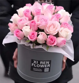

Flowers portable bucket leather round flower box with handle waterproof PVC bouquet florist rose party decoration box for girls