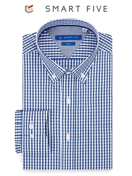 

Smartfive Autumn Clothes Blue White Small Grid Leisure Business Shirt Men Long Sleeve Shirt Pure Cotton