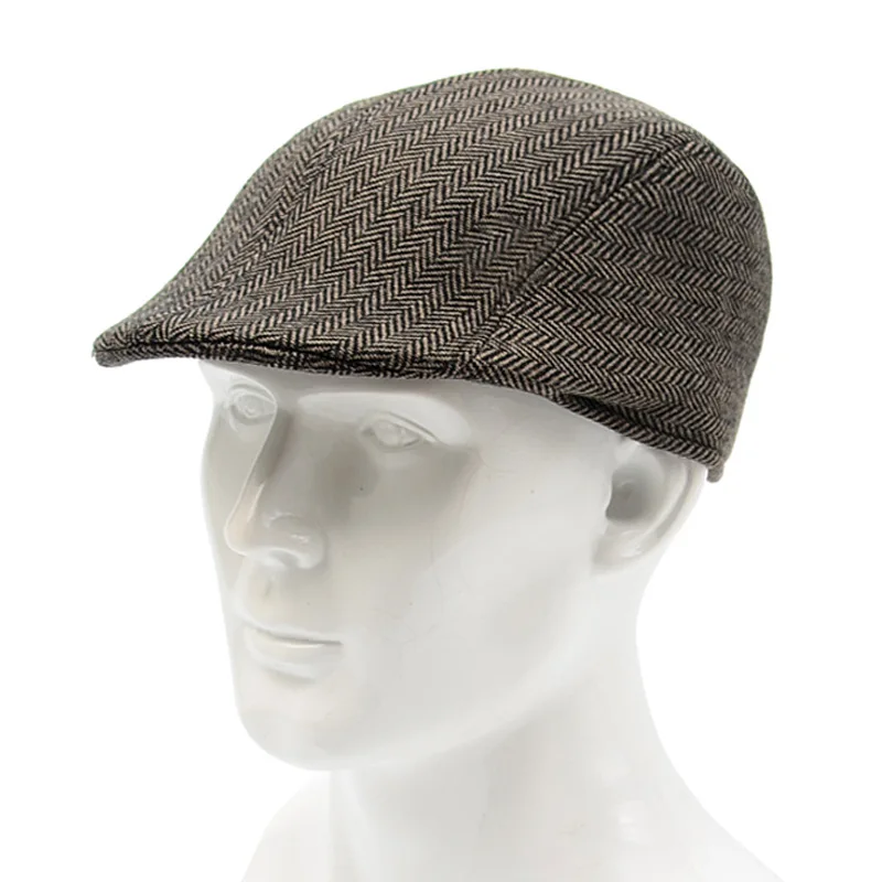 

Sparsil Men Winter Tweed Striped Beret Hat British Style Middle/Old Aged Male Forward Caps Visor Warm Thermal Hat