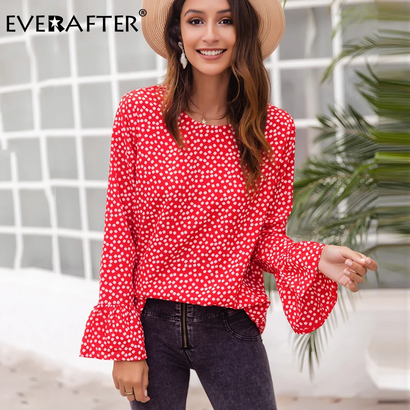 

EVERAFTER Casual polka dot women blouse shirt O-neck long sleeve loose autumn shirt tops ruffle holiday chic floral print blouse