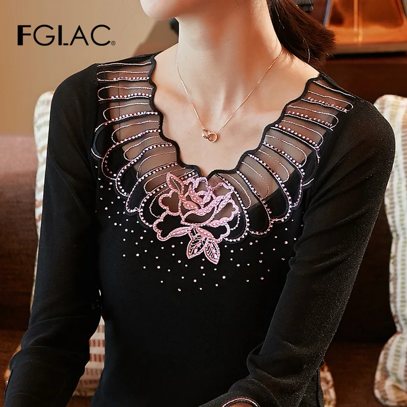 9278 Black-Pink FGLAC Женская футболка Новинка осенние сетчатые топы с длинными рукавами Алмазная вышивка хорошая эластичность плюс размер женские Топы И Футболки - Цвет: 9278 Black-Pink