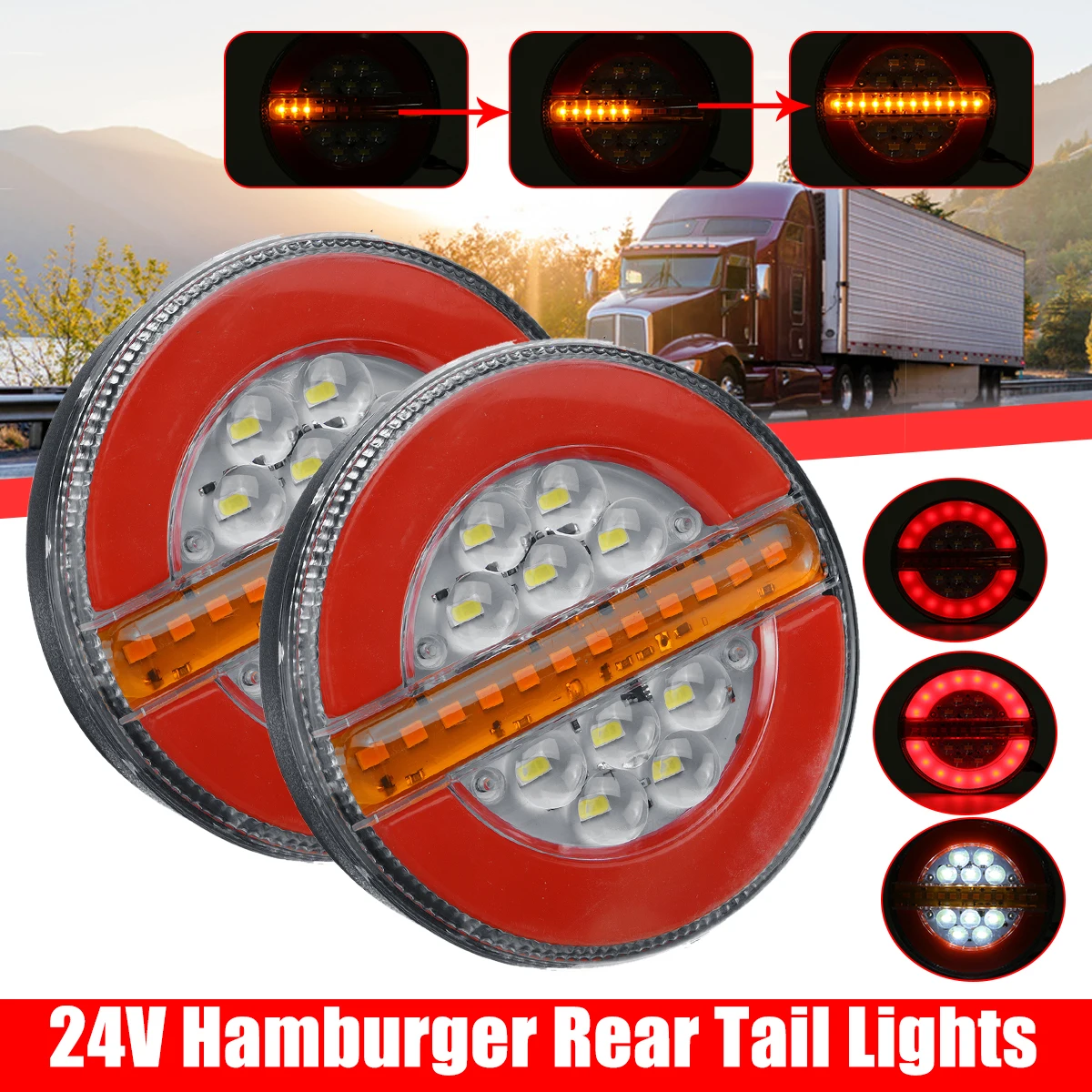 

2Pcs 24V 4" LED Trailer Truck Tail Light Brake Light DRL Flow Turn Signal Lamp Strobe Light for Car Boat Bus Van Caravan