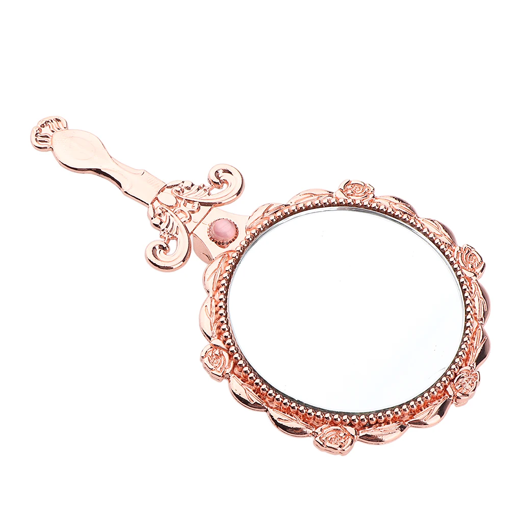 Vintage Round Handheld Makeup Vanity Folding Compact Mirror With Handle
