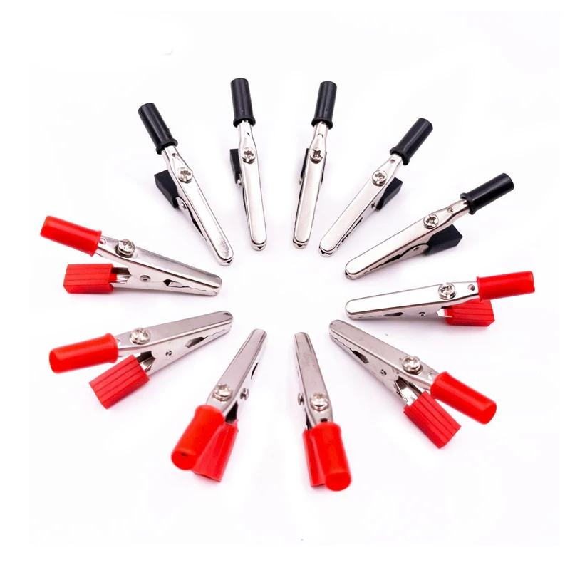 Hot 10pcs 50mm Insulated Black Red Plastic Handle Test Probe Metal Alligator Clips Connector Connect Socket Plug