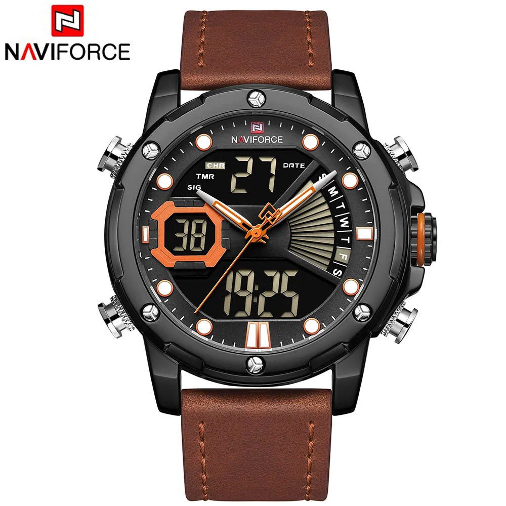NAVIFORCE Лидирующий бренд мужские кожаные военные спортивные часы мужские s светодиодный аналоговые цифровые часы мужские армейские кварцевые часы Relogio Masculino - Цвет: orange