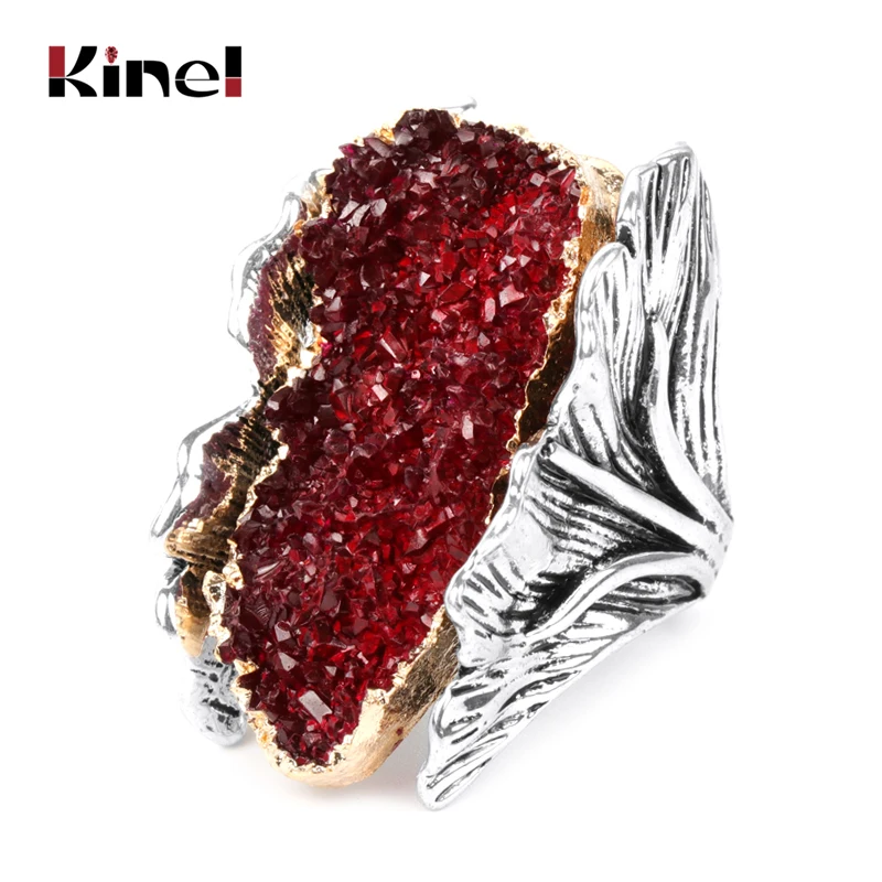 

Kinel Natural Stone Vintage Big Women Ring Antique Silver Fashion Red Crystal Flower Bride Wedding Rings Party Gift J1248