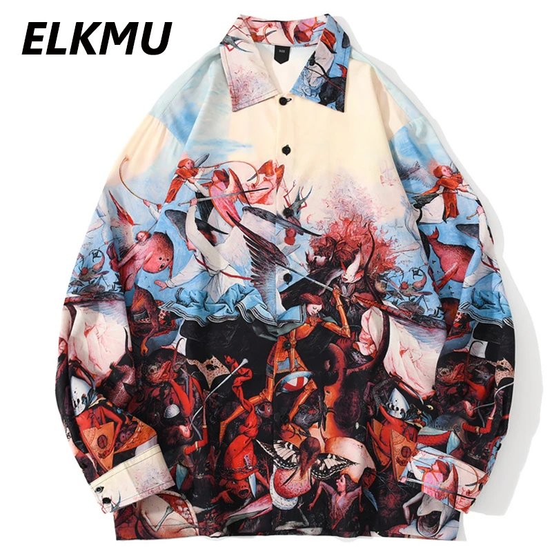 Рубашка с длинным рукавом ELKMU Angels Devils Monsters гавайская блузка принтом уличная