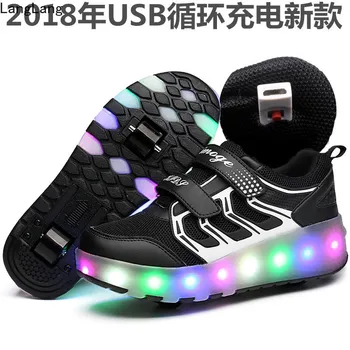

USB Charge Kids Shoes LED Light with Two Wheels Luminous Sneakers Girls Sports Shoes Heelys Boys Girl Children's Sneakers black