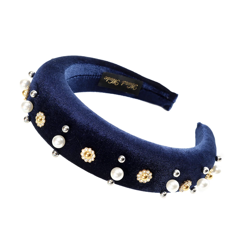 Navy Pearls Талисманы, стразы, цветочный узор, мягкие бархатные повязки на волосы, женские толстые губчатые повязки на голову, модные однотонные широкие обручи для волос - Цвет: Navy Pearls