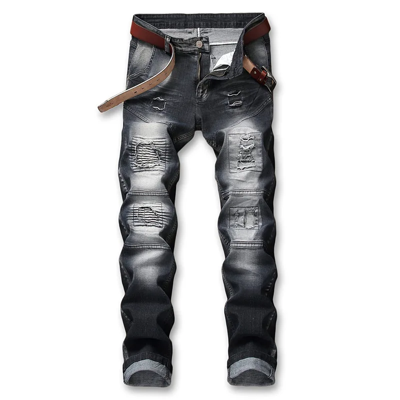 

border men's wear hole jeans beggars pants retro nostalgic fried bleached elastic straight pleated crepe black jeans