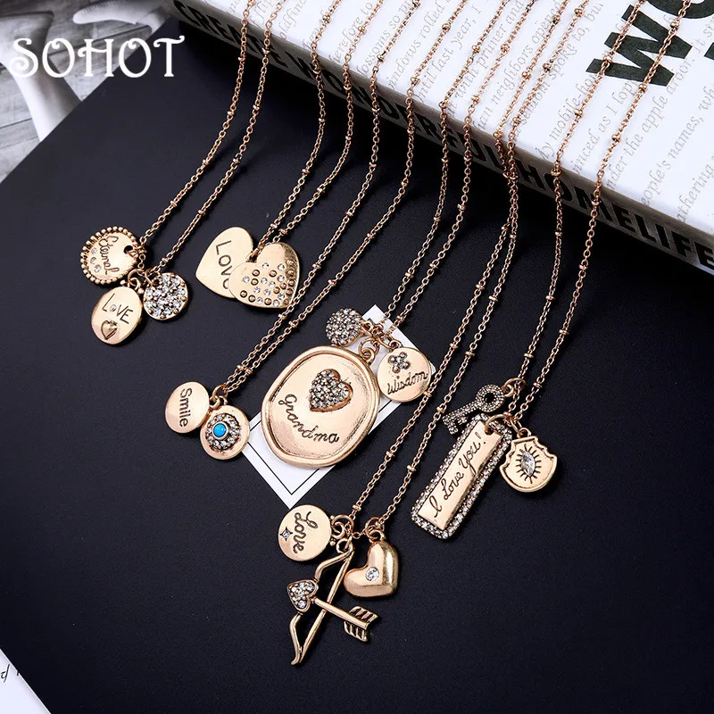 

SOHOT New Tide Vintage Alloy Heart Round Pendant Women Charm Necklace Chic Imitation Crystal Emboss Accessories For Lover Gift
