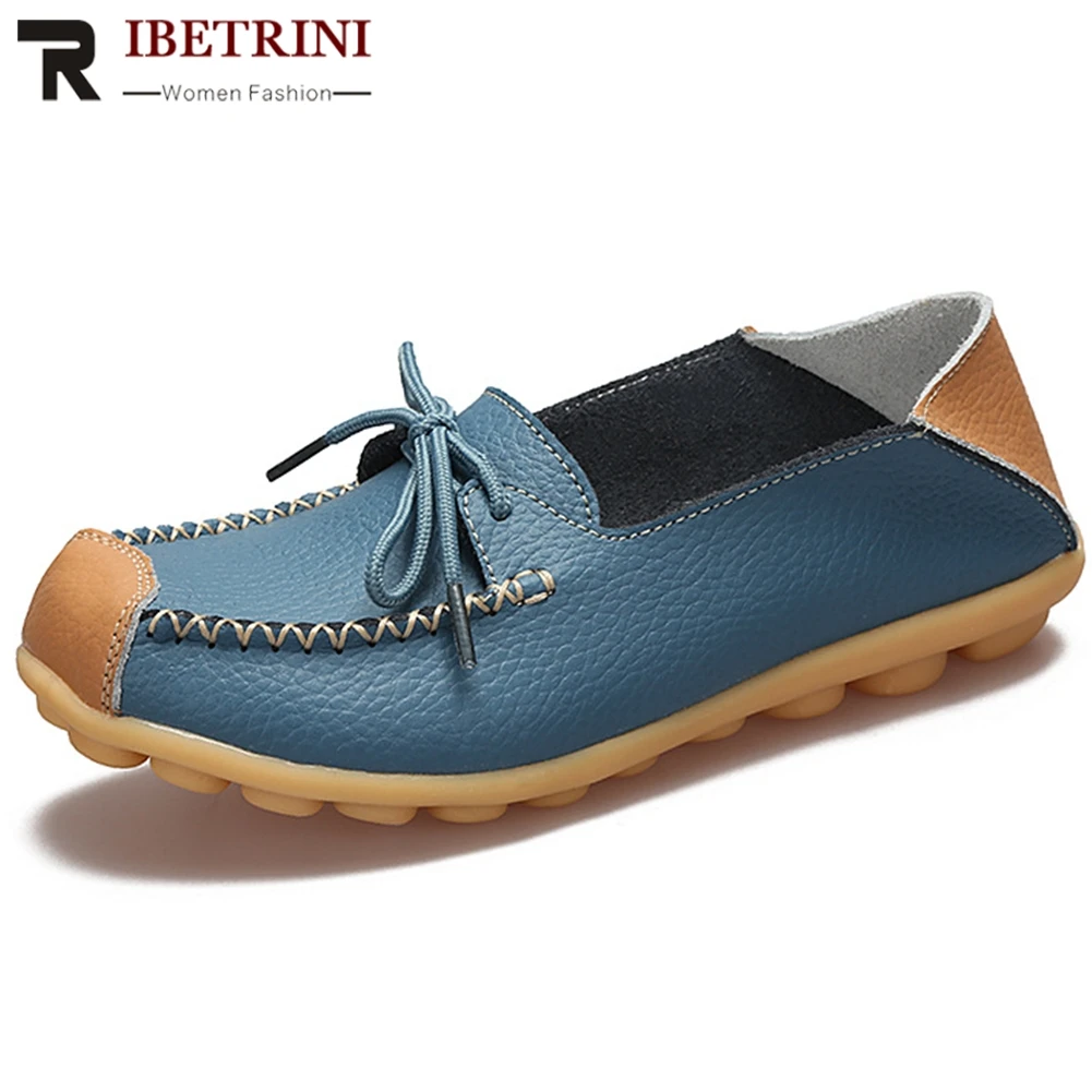 

RIBETRINI 35-44 New Female Genuine Split Leather Shoes Woman Mixed Colors Sewing Bowtie Flats Women 2020 Spring Casual Loafers
