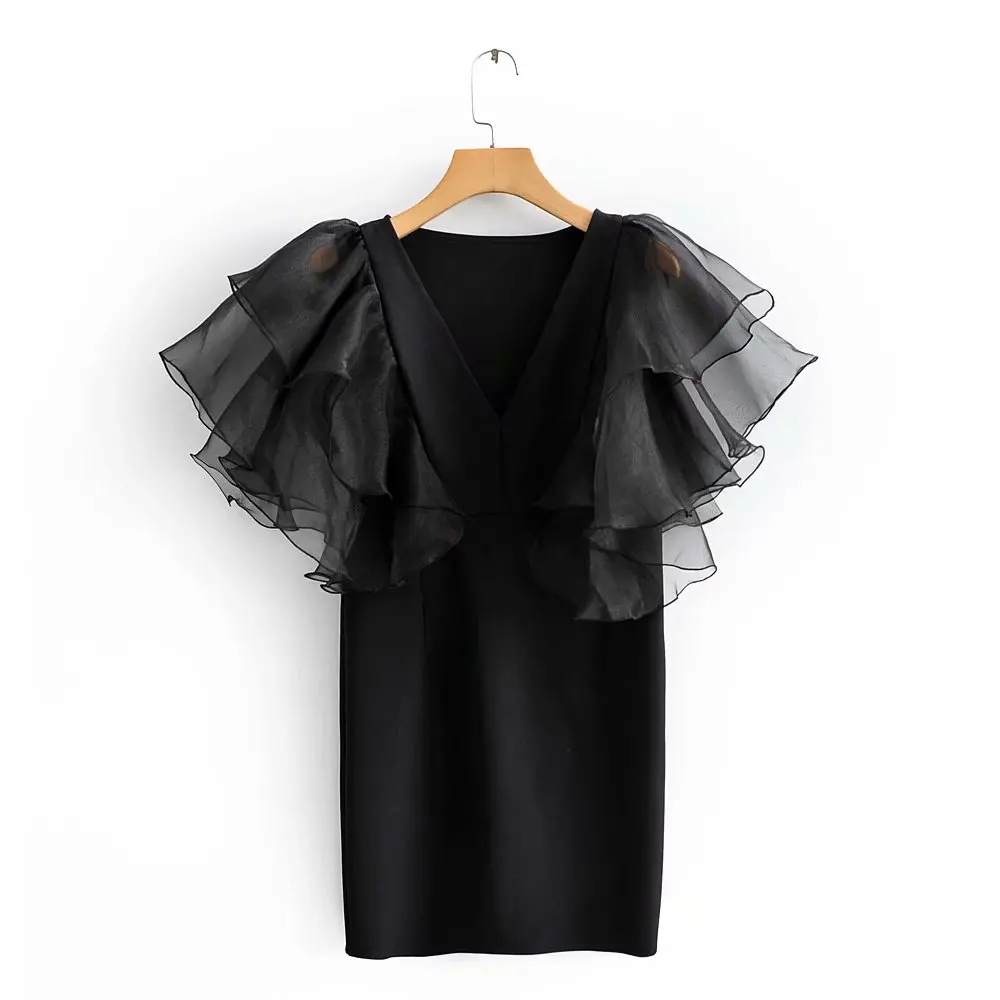 2020 Women V Neck cascading ruffles Butterfly Sleeve Organza Patchwork Vestido Casual Slim Mini Dress Female Chic Dresses DS3125 2020 Women V Neck cascading ruffles Butterfly Sleeve Organza Patchwork Vestido Casual Slim Mini Dress Female Chic Dresses DS3125