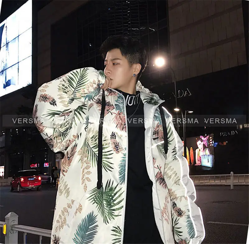 VERSMA, корейский стиль, одежда для мужчин, Ретро стиль, цветочный принт, светоотражающие мужские парки, куртка, пальто, зимняя, толстая, хип-хоп, негабаритная парка для мужчин