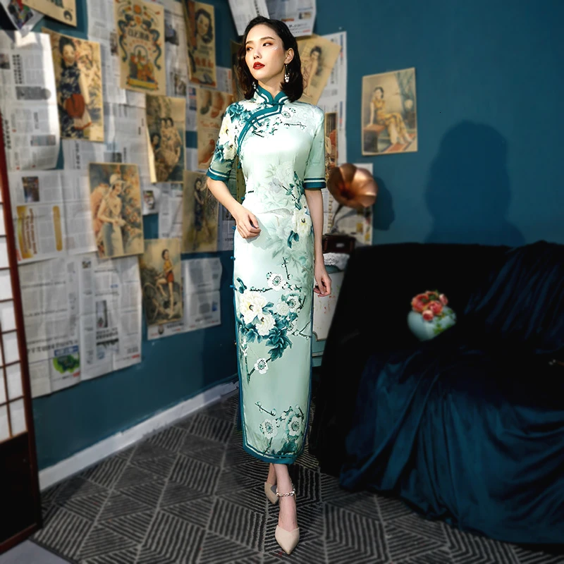Sheng Coco дамы S-4XL размера плюс синий Cheongsam платья длинное традиционное китайское платье восточные вечерние платья Qipao одежда