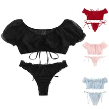 Микро бикини, женское нижнее белье, корсет, сетка, на косточках, пикантная муслиновая одежда для сна, нижнее белье, топы+ трусы, Сексуальное эротическое белье, пижама