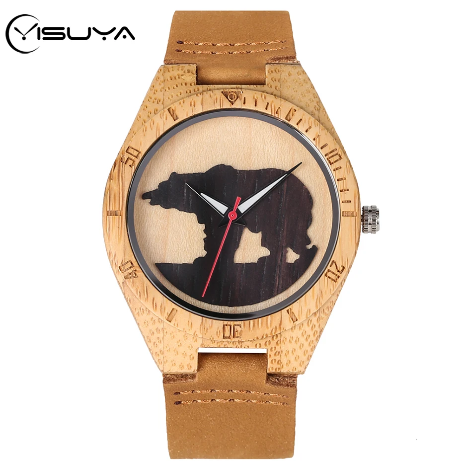 

YISUYA Black 3D Polar Bear Silhouette Pattern Wooden Watch Men's Clock Fashion Leather Band Male Environmentally Friendly 2020