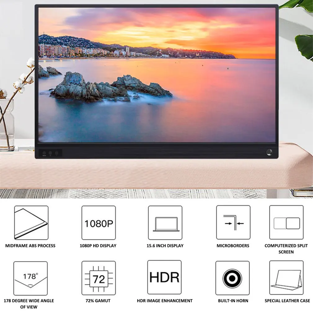 

15.6 inch Portable Monitor HDMI 1920x1080 HD IPS Display Computer LED Monitor with Leather Case for PS4 Pro/Xbox/Phone