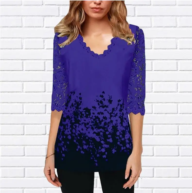 Plus Size 4xl 5XL Shirt Blouse Female 2020 Spring New Tops V-neck Half Sleeve Lace Splice Print Boho Women shirt