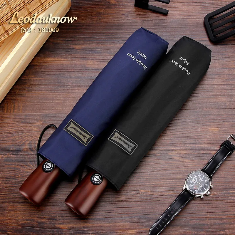 

LEODAUKNOW Fully Automatic Three Folding Protect Against Wind and Rain Business Luxury Car 10K Wooden Handle Men's Umbrella.